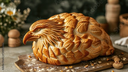 Unique bread loaf resembling an eagle resting on a wooden table, Ai Generated