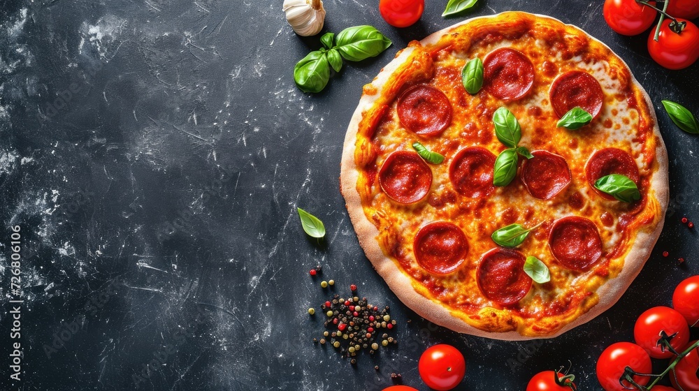 Tasty pepperoni pizza and cooking ingredients, tomatoes, basil, on a black concrete background, Ai Generated.