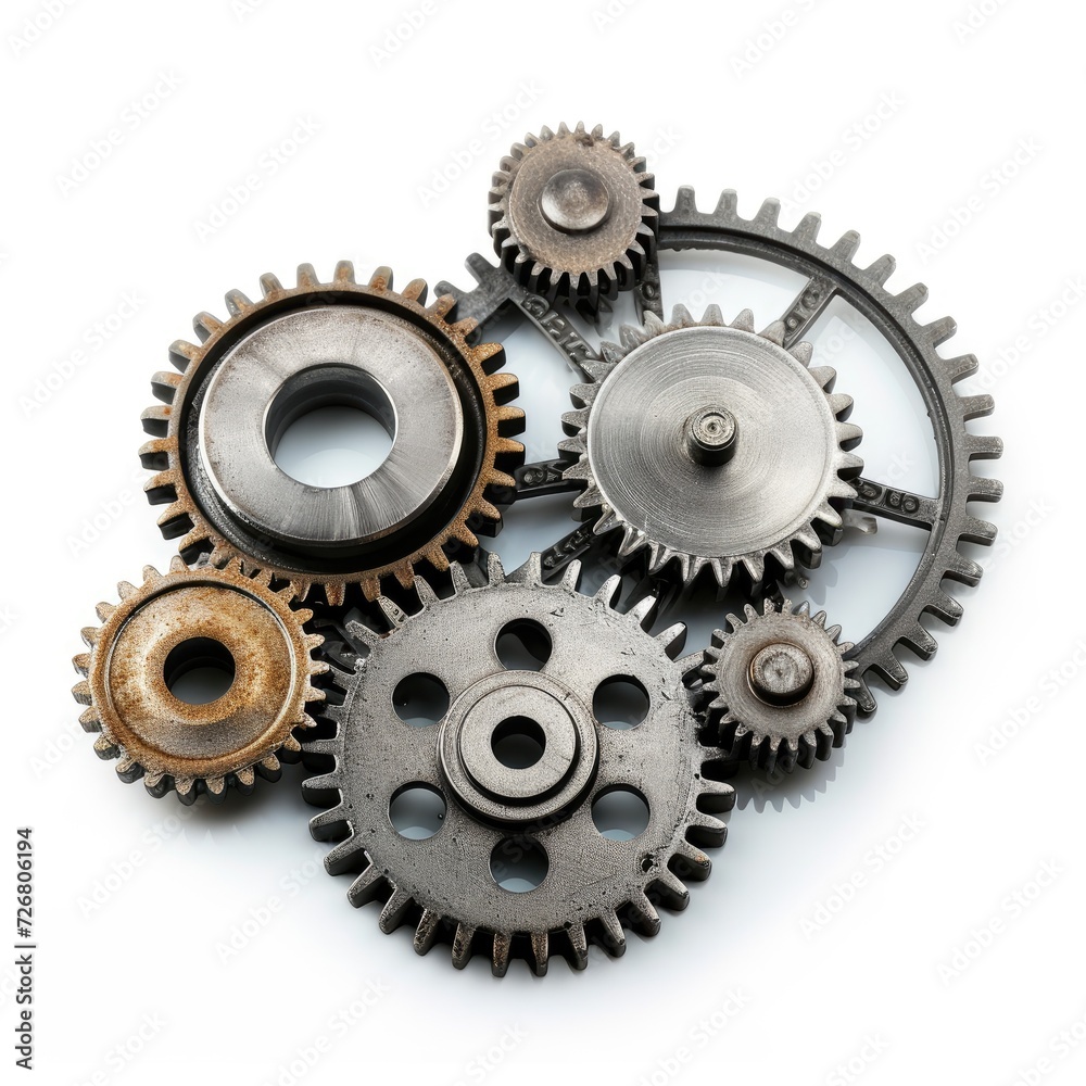 Metal gears and cogs fit together isolated on a white background, Ai Generated. Metal gears and cogs fit together isolated on a white background, Ai Generated.