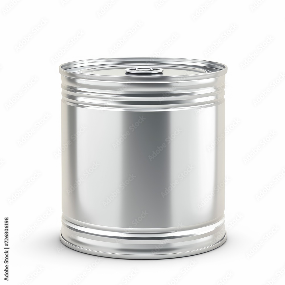 Modern metal tin can for packaged goods and food isolated on a white background, Ai Generated. Modern metal tin can for packaged goods and food isolated on a white background, Ai Generated.