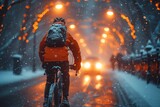 Braving the wintry night, a lone cyclist glides through the snowy landscape on their trusty bike, the spinning wheels leaving a trail of determination in their wake