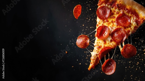 Delicious slice of pepperoni pizza soaring on a black background, an enticing design, Ai Generated.
