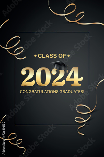  Vector illustration. Class of 2024 badge design template in black and gold colors. Congratulations graduates 2024 banner sticker card with academic hat for high school or college graduation