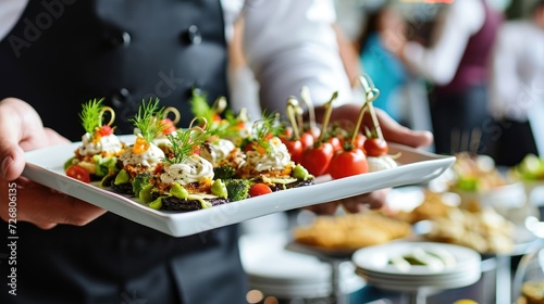 Waiter gracefully presents appetizers on a plate at festive event, Ai Generated