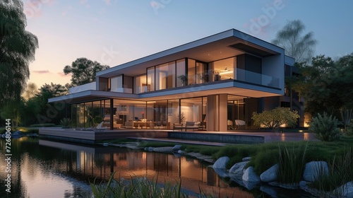 A 3D rendering of a modern beachfront house, a coastal dream come to life. Ai Generated photo