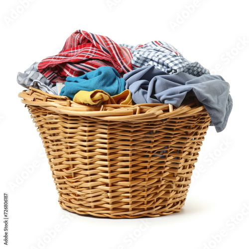 Laundry basket filled with clothes and fabric isolated on a white background, Ai Generated.