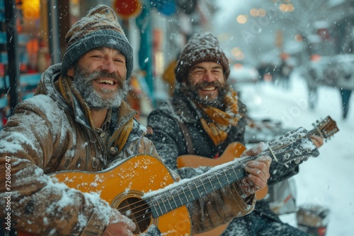 A band of winter-worn musicians serenade the snowy streets with the sweet strumming of their guitars, their faces illuminated by the warmth of their shared passion for music