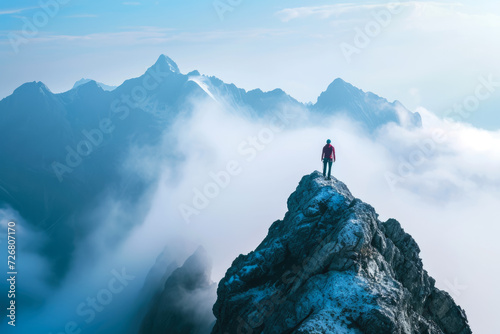 person climbing a mountain with a proud look on their face and a majestic spine showing the height of their achievement