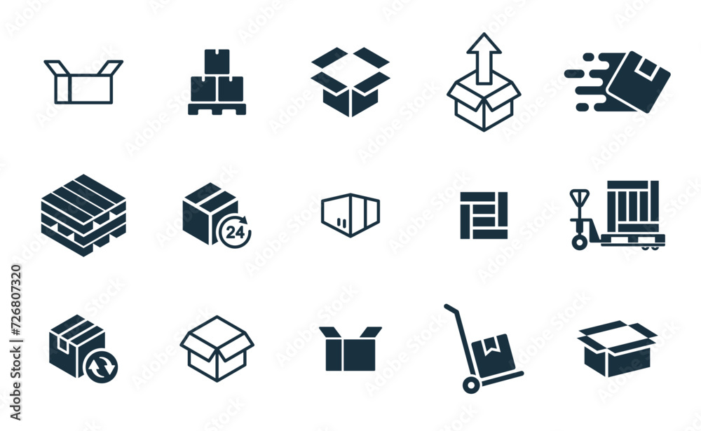 Mini icons set on white background. online delivery service business. Parcel container, packaging boxes, web design for applications. Mini icons set on white background. online delivery service business. Parcel container, packaging boxes, web design for applications.
