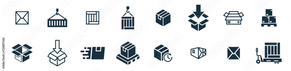 Mini icons set on white background. online delivery service business. Parcel container, packaging boxes, web design for applications. Mini icons set on white background. online delivery service business. Parcel container, packaging boxes, web design for applications.