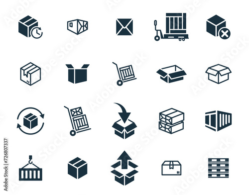 Mini icons set on white background. online delivery service business. Parcel container, packaging boxes, web design for applications.