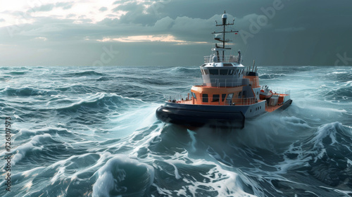 A salvage vessel utilizes its advanced sonar technology to locate and retrieve a sunken ship carefully maneuvering to minimize damage to the surrounding marine environment. © Justlight