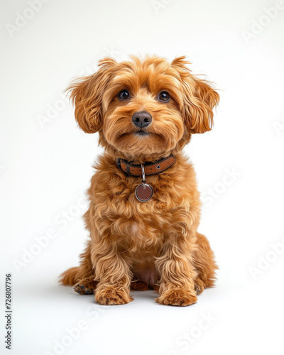 Studio portrait on white background of a happy red-haired Maltipoo dog