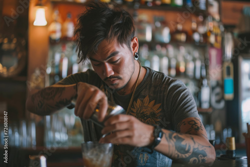 bartender mixing a drink in a bar with a shaker and a cool look on their face and a shirt with a logo on their chest photo