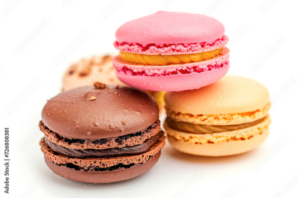 This image showcases a some of vibrant macarons, each representing a different flavor, isolated against a white background This image showcases a some of vibrant macarons, each representing a different flavor, isolated against a white background
