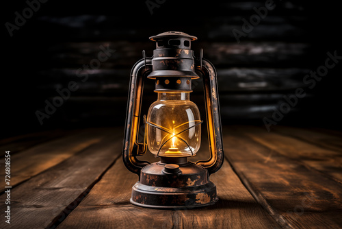 Vintage Oil Lantern Casting Warm Glow in a Dark Wooden Room