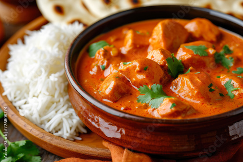 bowl of butter chicken, a creamy and spicy Indian curry with tender chicken pieces, served with basmati rice and naan bread, in the style of aromatic, rich, flavorful