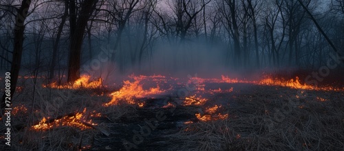 Controlled fire in center of Spring Valley Nature Center in Schaumburg, Illinois.