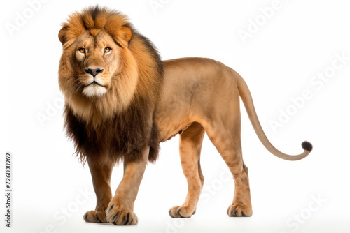 Stately Lion, Isolated on White Background, Piercingly Looking, Radiating Strength and Danger