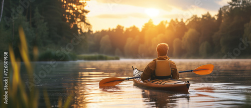 Serene Dawn Paddling: A Lone Kayaker Embraces the Calmness of a Golden Sunrise Over Tranquil Waters