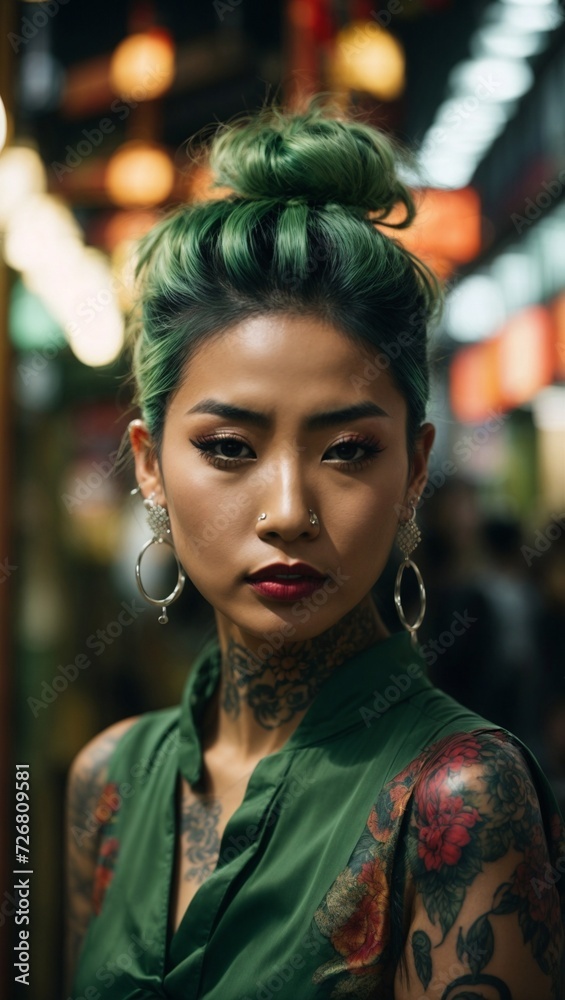 Beautiful Japanese woman model with tattoos in stylish green outfit. Fashion and party concept. Copy space.