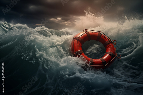 Red life buoy in rough storm water