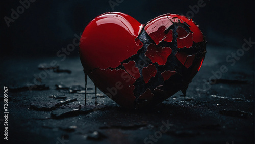Broken red heart on a dark retro background. Minimal abstract lost love and breakup concept. Loved ones we lost idea and strong emotions idea. With copy space. photo