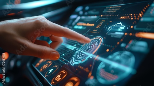 Slow motion closeup of a finger swiping across a curved touchscreen in a hightech car revealing a dynamic user interface with realtime data and advanced visualizations of