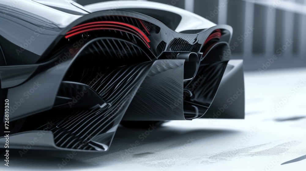 The camera focuses on the intricate details of a rear diffuser perfectly positioned to channel and control the airflow underneath the vehicle.