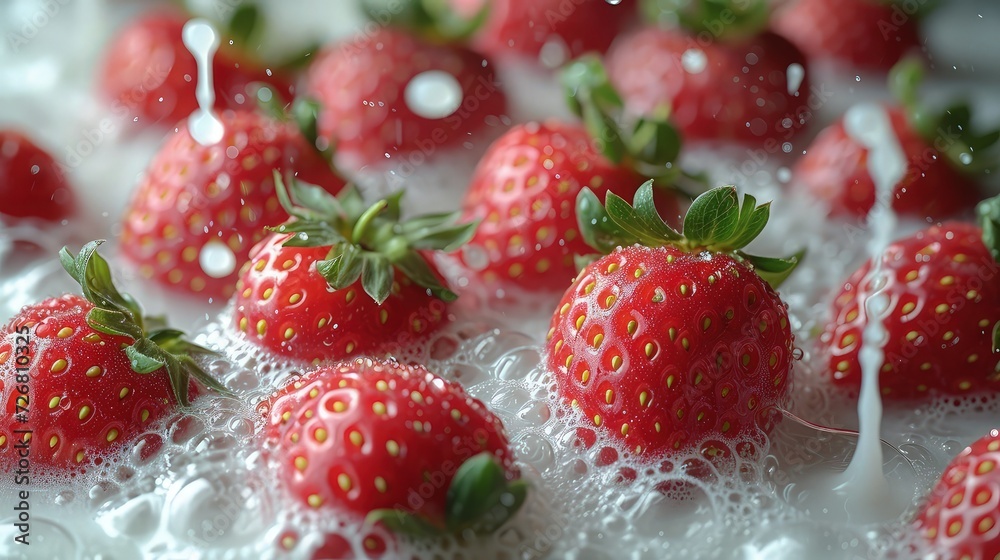 A collection of strawberries submerged in white milk, decorate with splashes or spurts of milk resulting from the effect of strawberries falling from above. aerial view, direct top view, A collection of strawberries submerged in white milk, decorate with splashes or spurts of milk resulting from the effect of strawberries falling from above. aerial view, direct top view,
