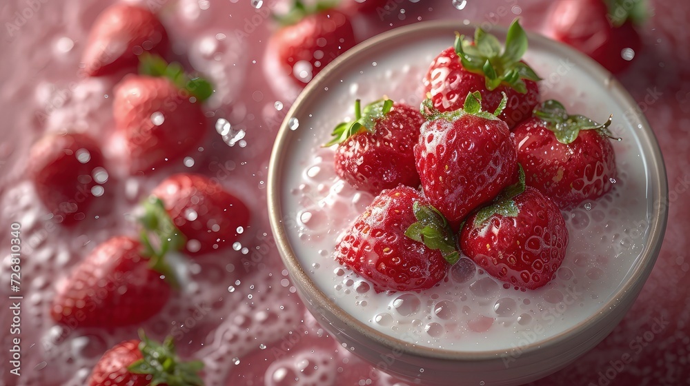 A collection of strawberries submerged in white milk, decorate with splashes or spurts of milk resulting from the effect of strawberries falling from above. aerial view, direct top view, A collection of strawberries submerged in white milk, decorate with splashes or spurts of milk resulting from the effect of strawberries falling from above. aerial view, direct top view,