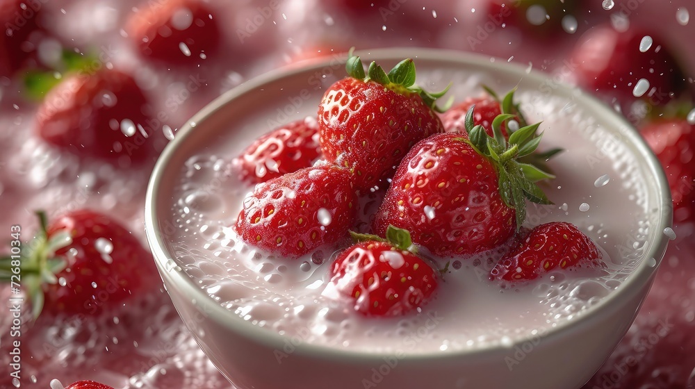 A collection of strawberries submerged in white milk, decorate with splashes or spurts of milk resulting from the effect of strawberries falling from above. aerial view, direct top view, A collection of strawberries submerged in white milk, decorate with splashes or spurts of milk resulting from the effect of strawberries falling from above. aerial view, direct top view,
