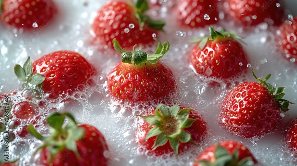 A collection of strawberries submerged in white milk, decorate with splashes or spurts of milk resulting from the effect of strawberries falling from above. aerial view, direct top view, A collection of strawberries submerged in white milk, decorate with splashes or spurts of milk resulting from the effect of strawberries falling from above. aerial view, direct top view,