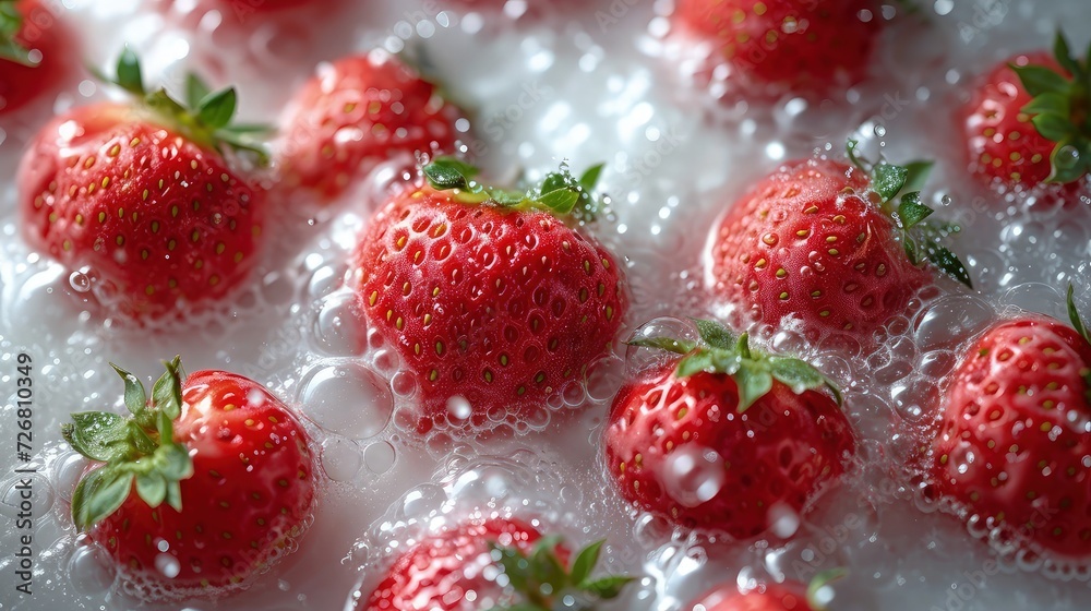 A collection of strawberries submerged in white milk, decorate with splashes or spurts of milk resulting from the effect of strawberries falling from above. aerial view, direct top view,