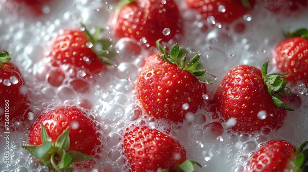 A collection of strawberries submerged in white milk, decorate with splashes or spurts of milk resulting from the effect of strawberries falling from above. aerial view, direct top view, A collection of strawberries submerged in white milk, decorate with splashes or spurts of milk resulting from the effect of strawberries falling from above. aerial view, direct top view,
