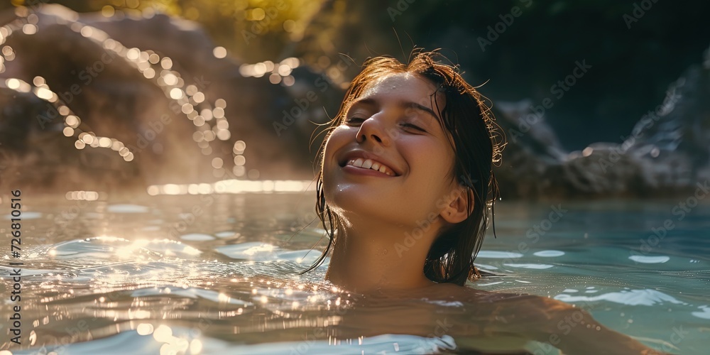 Fototapeta premium Young woman on vacation, smiling and relaxing in an outdoor hot springs