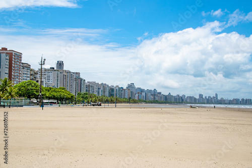 Blue Sky Overr Tropical Sandy Beach in Santos, Brazil