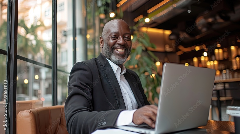 black man using laptop in home office. Remote work from home concept with cheerful adult black man using laptop in home office. Remote work from home concept with cheerful adult