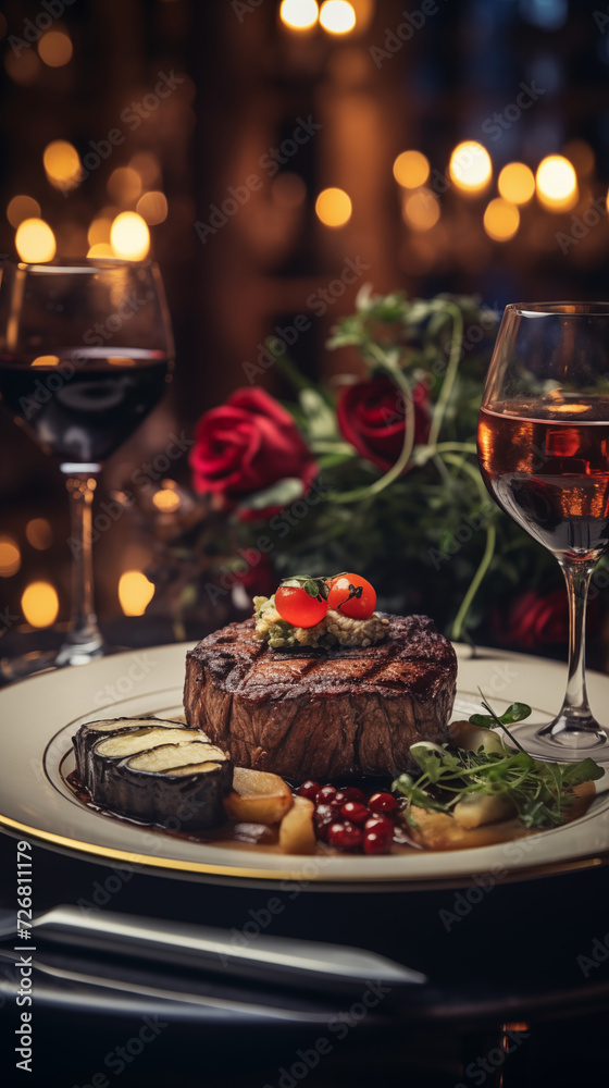 A Portrait of a juicy Beef Filet Steak next to sides, WIne on the Table. Cozy and warm atmosphere.