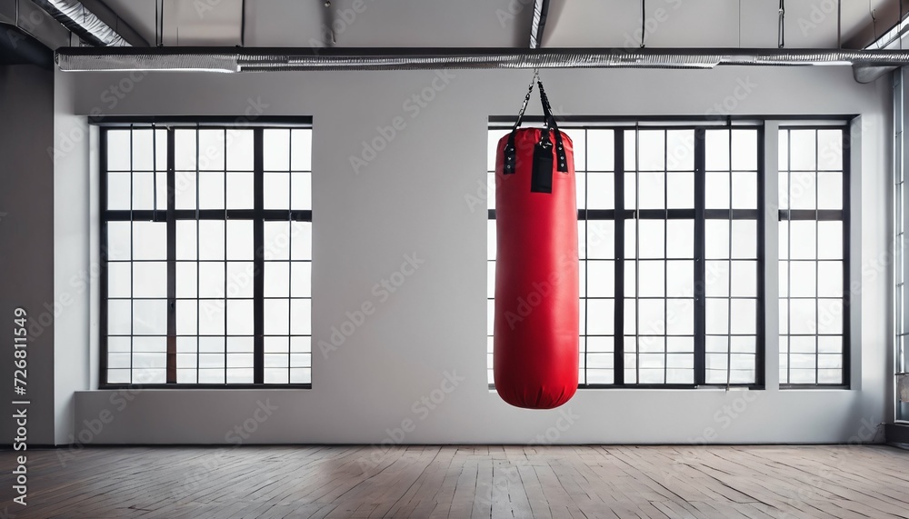 Red punching bag hanging in room, symbolizing sport, active lifestyle, and health - equipment for kickboxing, Muay Thai, and Taekwondo