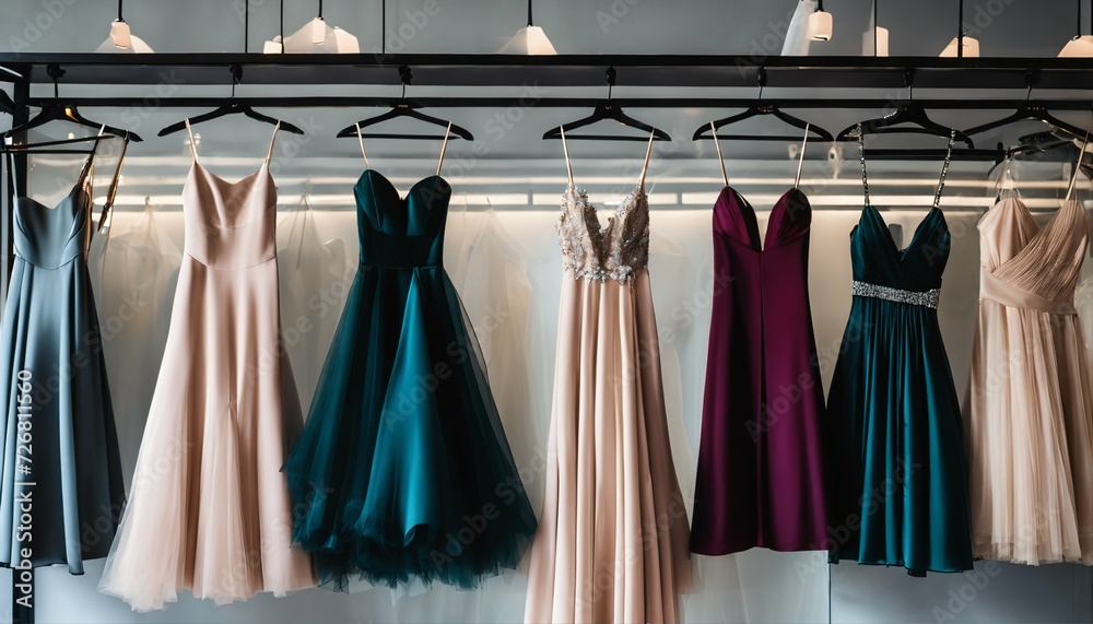 Elegant formal dresses on display in a luxury boutique, featuring prom, wedding, and evening gowns - options for rent for various events - obrazy, fototapety, plakaty 