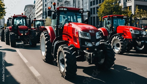 Tractors blockade city streets causing traffic jams during protest rally by agricultural workers against tax increases and law changes
