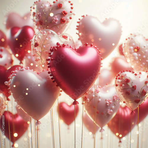Valentine s Day Heart-shaped balloons in shades of red and pink float against a soft-focused background. Some balloons are transparent with decorative elements like flowers