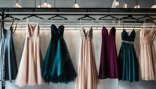 Elegant formal dresses on display in a luxury boutique, featuring prom, wedding, and evening gowns - options for rent for various events photo