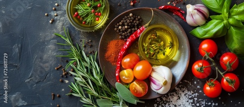 Assorted vegetables and spices on a plate with olive oil. © AkuAku