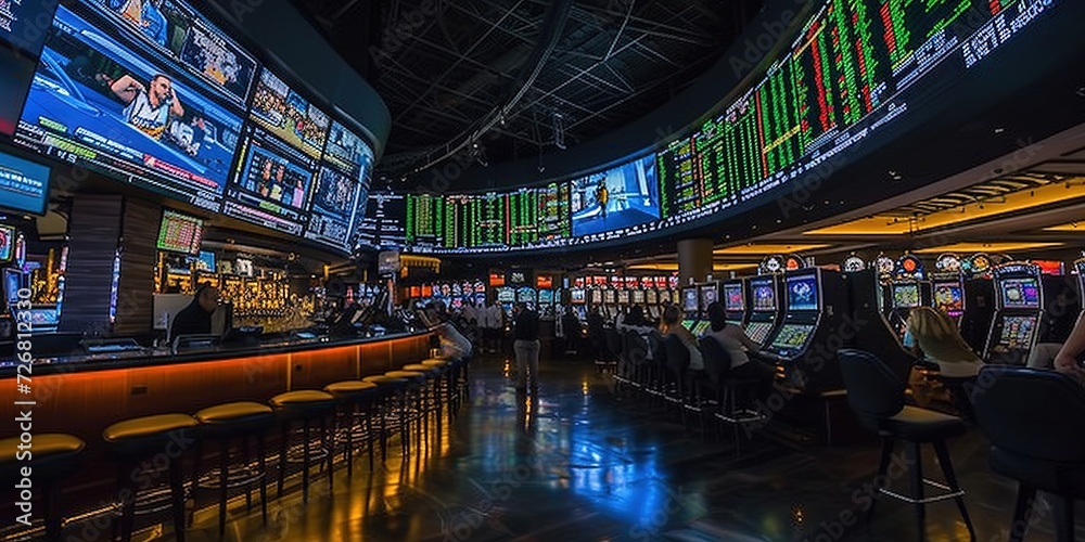 Sports betting casino concept with glowing machines, TV screens, and scores, 