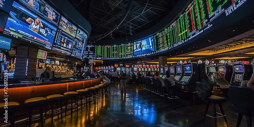 Sports betting casino concept with glowing machines, TV screens, and scores,  photo