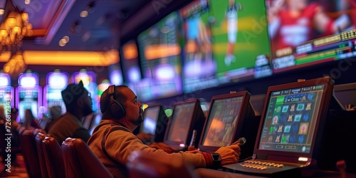 Sports betting casino concept with men using machines