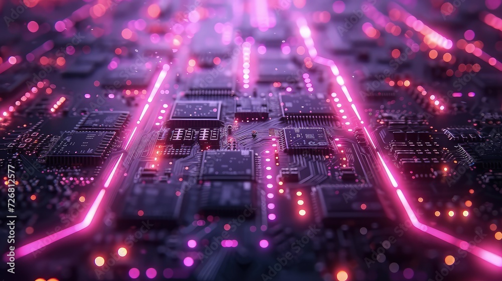 Close-up of Glowing Circuit Board with Purple Lights and Microchips - Technology Texture Background. Futuristic background. Close-up of Glowing Circuit Board with Purple Lights and Microchips - Technology Texture Background. Futuristic background.
