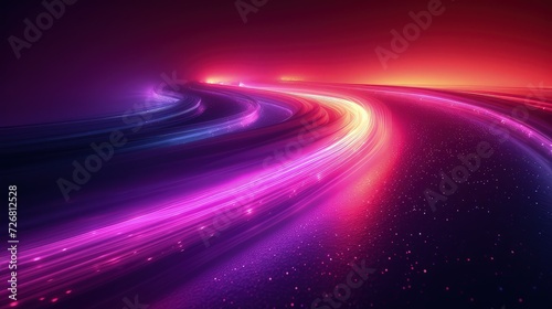 Car light. Curve streak trail line. Fast speed car. Long purple and orange way effect. Glowing street exposure. Blurred motion. Sparkling flow. abstract dynamic dark background